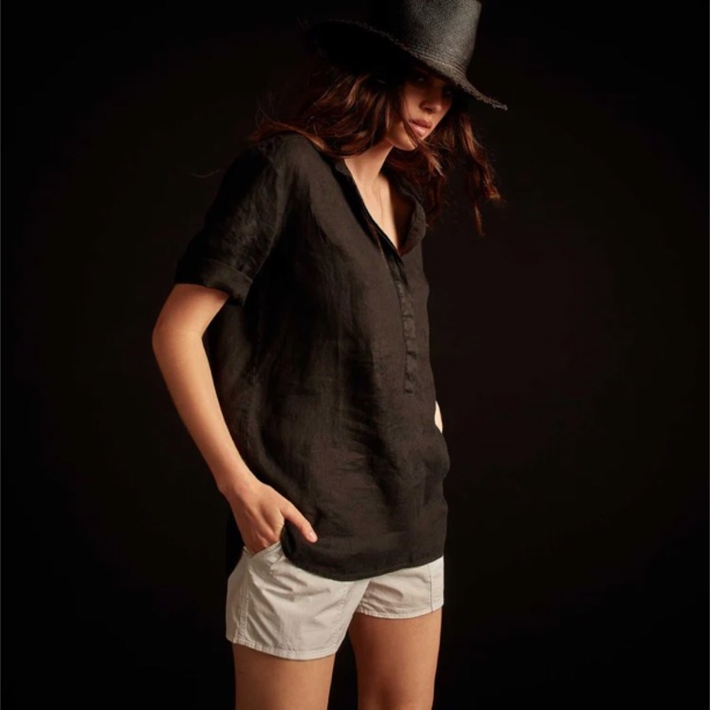 NEW James Perse Womens Black Linen Short Sleeve Shirt